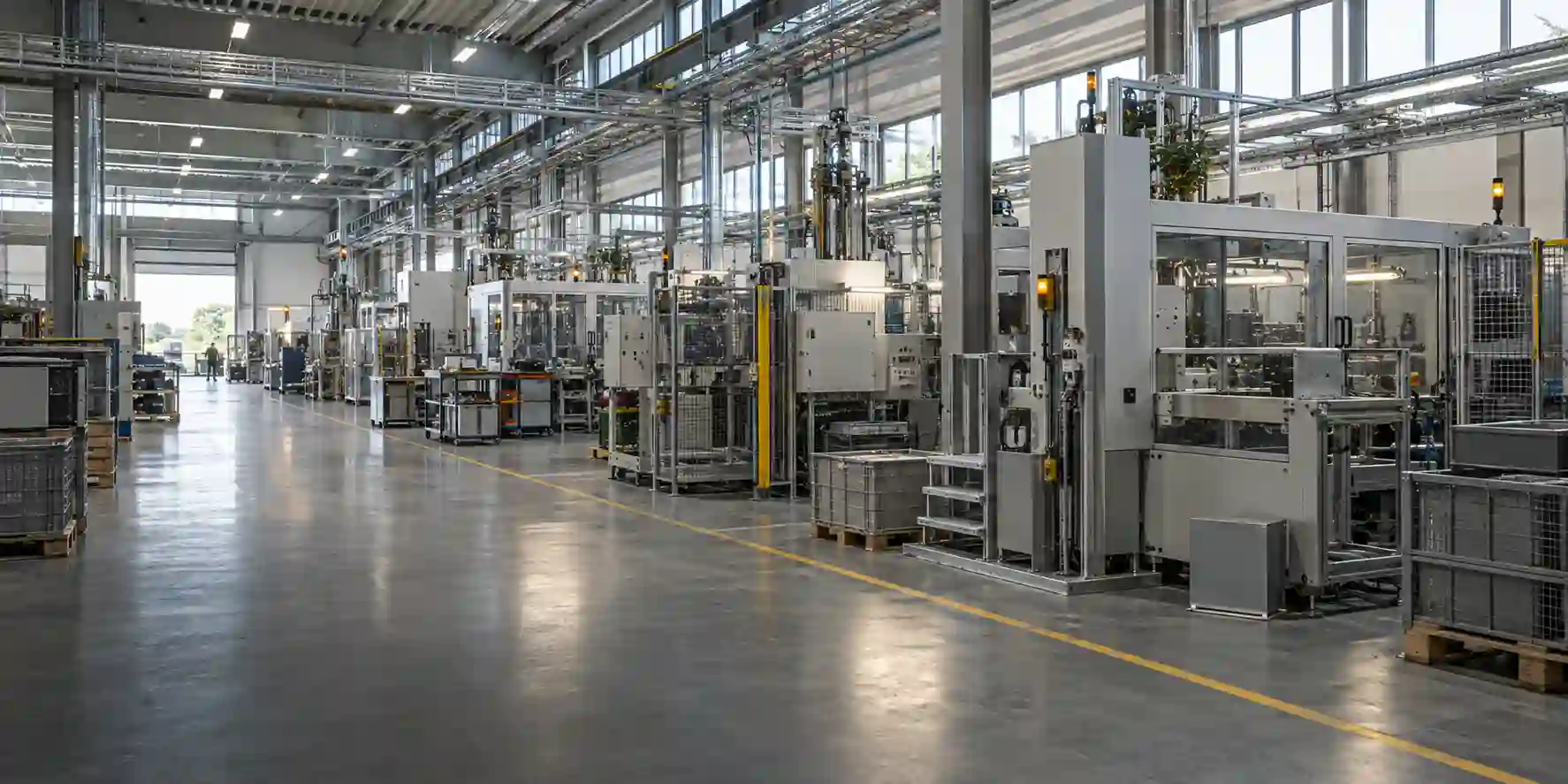 Illustrative industrial manufacturing hall with production equipment