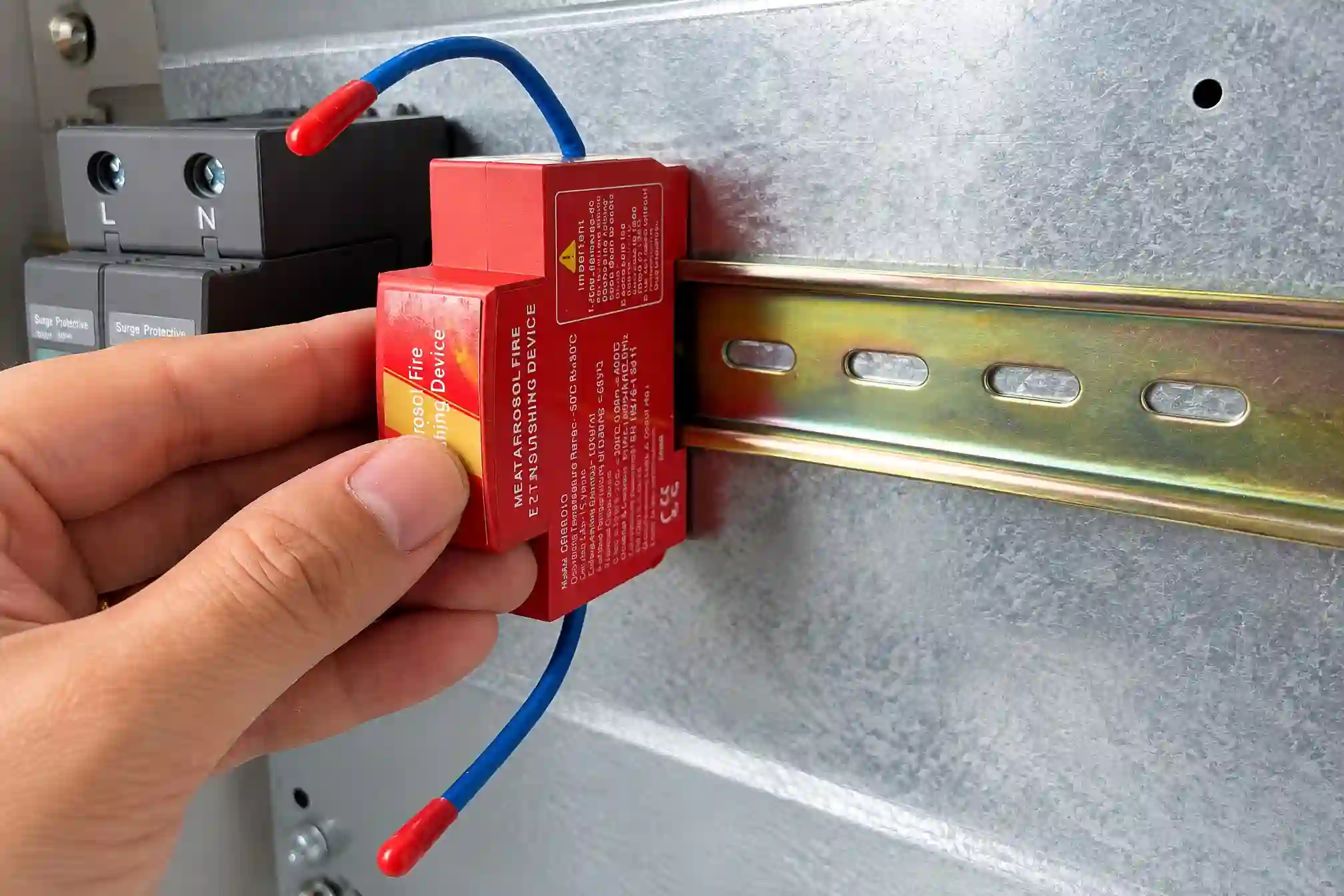 Thermal aerosol fire extinguishing device mounted inside an electrical cabinet