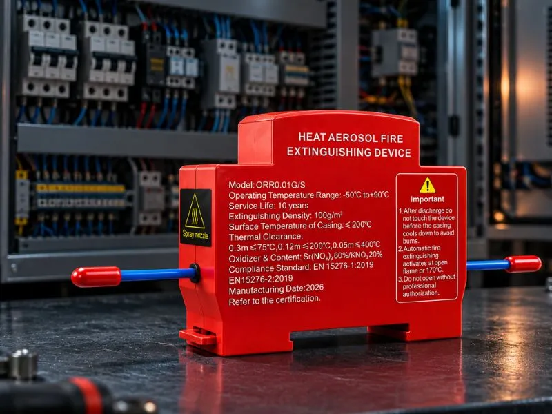 Thermal aerosol fire extinguishing device mounted inside an electrical cabinet