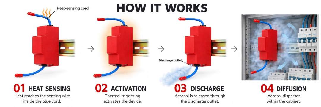 Operating principle of a thermally activated aerosol fire extinguishing device.
