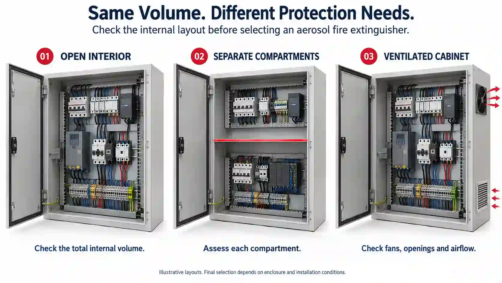 Electrical cabinet layouts showing an open interior, separate compartments and ventilation fans.