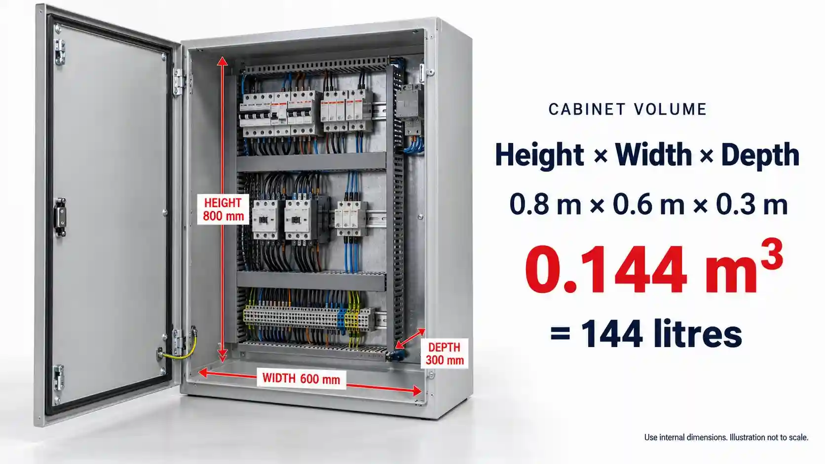 Internal electrical cabinet dimensions used to calculate a volume of 144 litres.